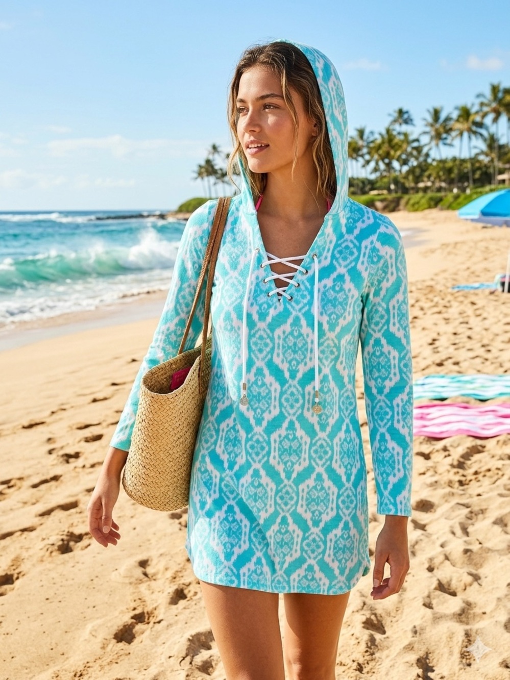 Macbeth Collection by Margaret Josephs Aqua/White Hooded Swim Coverup NWT M/L